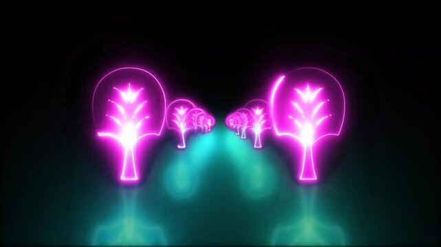 Flanked by two abstract, leafless trees outlined in vivid neon, the tunnel creates a striking contrast against a deep background