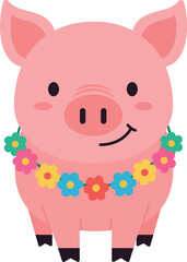 Cute pink pig with colorful flower necklace vector illustration ideal for t-shirt prints and craft projects 