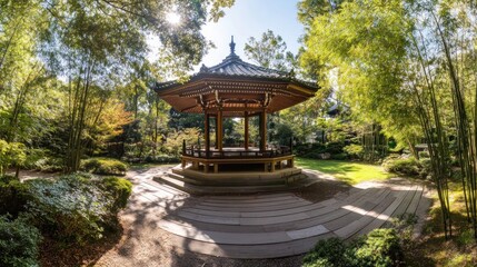 Fototapeta premium Tranquil Japanese garden pavilion. Lush greenery surrounds a traditional Asian structure