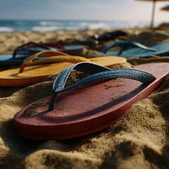 colorful flip-flops partially buried in soft golden sand, bright summer sunlight casting soft shadows


