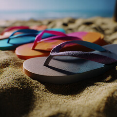 colorful flip-flops partially buried in soft golden sand, bright summer sunlight casting soft shadows


