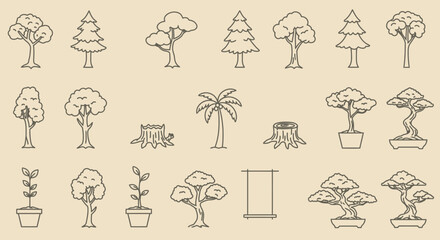 Collection of Line Art Trees and Saplings in Pots