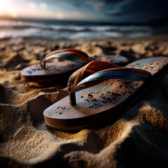 colorful flip-flops partially buried in soft golden sand, bright summer sunlight casting soft shadows


