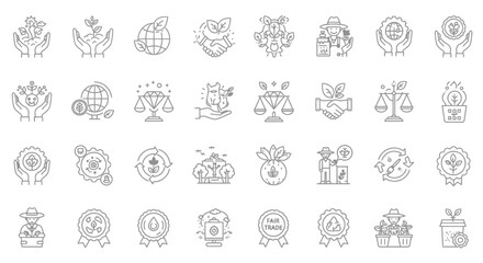 Grey Line Art Icons Depicting Environmental Sustainability and Ethical Practices