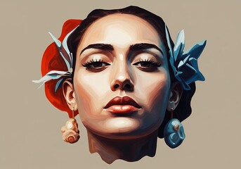 Portrait of a Woman Adorned with Flowers and Unique Earrings