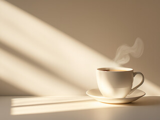 Minimalist composition with a steaming coffee cup placed on a smooth, neutral-toned surface. Soft shadows and warm lighting create a calm atmosphere. 
