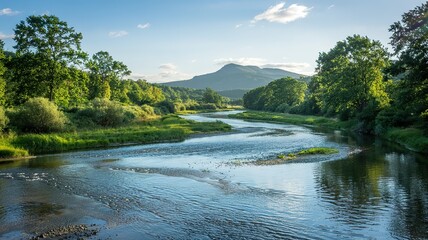 Obraz premium Serene River Flows Through Lush Green Landscape with Distant Mou