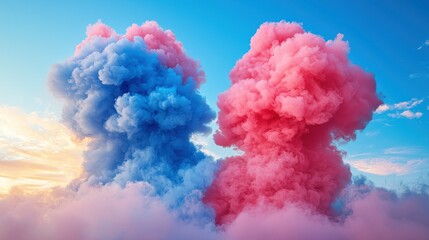 Fototapeta premium Pink and blue smoke billows up, against a bright sky