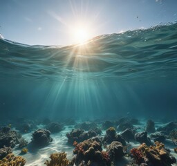 Obraz premium Sunlit ocean surface reveals vibrant underwater scene, gentle waves , surface, crystal