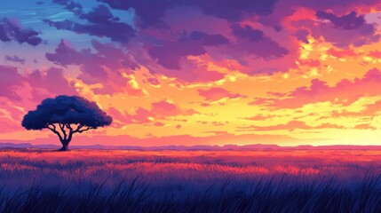 Obraz premium Sunset over the savanna. A lone tree stands tall against a vibrant sunset sky filled with colorful clouds. Golden hues paint the horizon, casting a warm glow over the expansive grassy plains