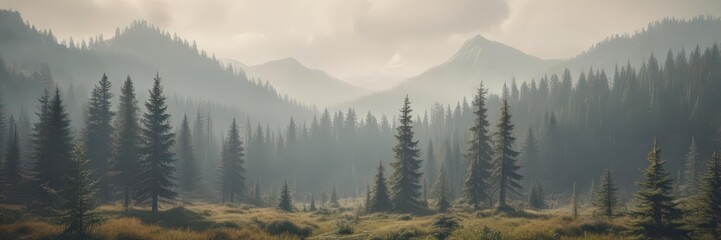 Misty mountain fir forest, vintage faded tones, moody, blue, serene