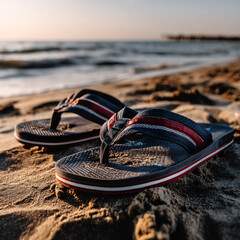 colorful flip-flops partially buried in soft golden sand, bright summer sunlight casting soft shadows


