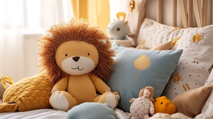 Stuffed Lion Toy Among Pillows in a Childrens Room