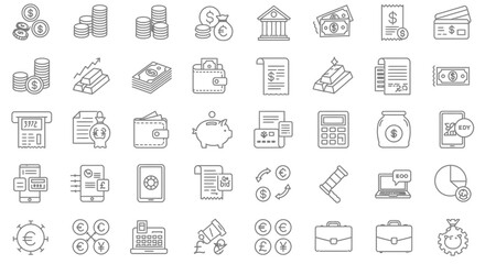 Line Art Icons Representing Finance Currency and Banking Concepts