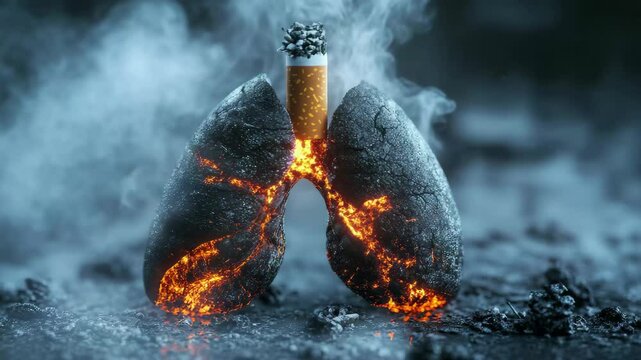 Cigarette is lit and is burning through a lung. The lung is destroyed and the smoke is billowing out of it. Concept of the harmful effects of smoking and the damage it can cause to the body