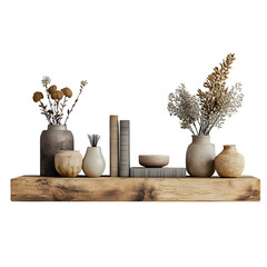 Wall shelf with decorative items, front view, isolated
