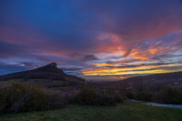 Rock of Solutre with vineyards, Burgundy, Solutre-Pouilly, France