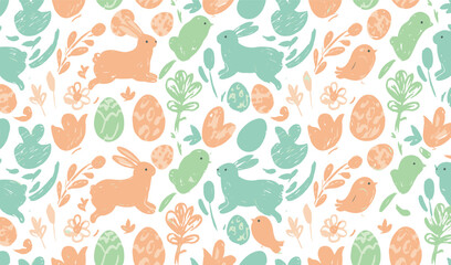 Easter set with cute bunny, egg and flower. Crayon kid rabbit, bird chick, leaf. Hand drawn cartoon vector. Spring drawing. Happy Easter cute illustration. Pastel chalk clipart. 