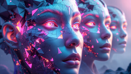 Futuristic cyberpunk female cyborgs with glowing eyes in a digitally abstract artistic rendering
