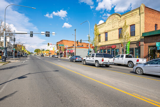 Spring view of the historic Main Street through the Eastern Washington rural small town of Cheney, Washington State, home of Eastern Washington University, in Spokane County, April 24 2025.