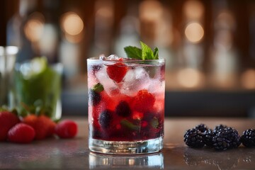 Refreshing Berry Cocktail with Ice and Mint on a Bar Counter