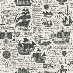 Fototapeta na wymiar Vector abstract seamless background on theme of travel, adventure and discovery. Hand drawings sketch with Old caravels, vintage sailing yachts, wind roses in vintage style. With illegible text
