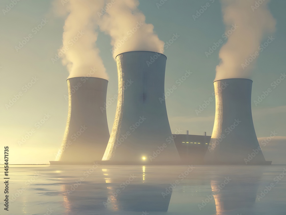 Poster 原子力発電所三つの冷却塔と蒸気立ち上る風景 水面と穏やかな夕焼けの空 産業技術とエネルギーテーマ