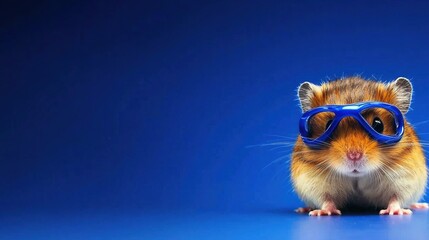 Playful hamster wearing blue glasses against a vibrant blue background.