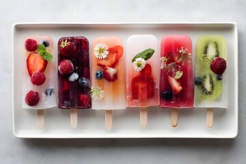 Colorful Fruit Popsicles with Berries and Edible Flowers on Plate