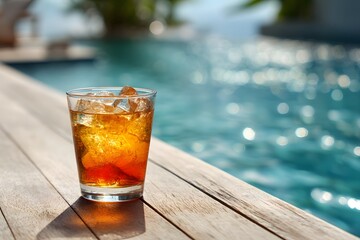 Refreshing Cocktail by Poolside with Melting Ice Cubes Under Sunlight