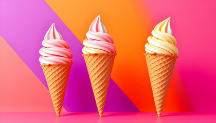 Colorful Swirl Ice Cream Cones on a Bright Background with Geometric Shapes
