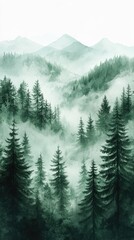 Fototapeta premium Misty mountain forest. A tranquil vista of lush evergreen trees nestled in a valley, shrouded in a soft, green haze