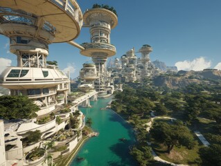 Futuristic Cityscape: White structures rise above lush greenery and waterways, blending advanced architecture with nature. #FutureCity #UrbanDesign