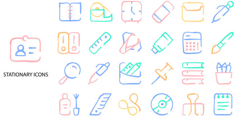 Stationary simple concept 24 Flat color icons set. Contains such eraser, supply, white, book, paper .Vector illustration.