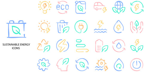 Sustainable Energy simple concept 24 Flat hand drawn color icons set. Contains such sustainable resources, zero waste, biodegradable, earth hour .Vector illustration.