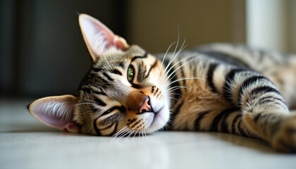 Naklejka premium Close-up Portrait of a Relaxed Tabby Cat Indoors