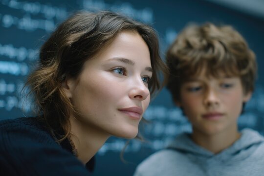 teacher confidently guides student through complex equations at clear modern desk
