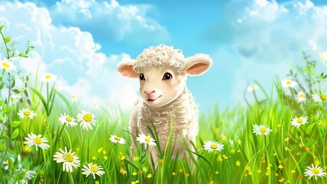 Lamb in Spring Meadow.