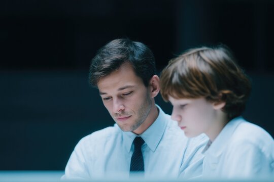 teacher confidently guides student through complex equations at clear modern desk