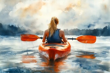 Watercolor painting of a female kayaking in water