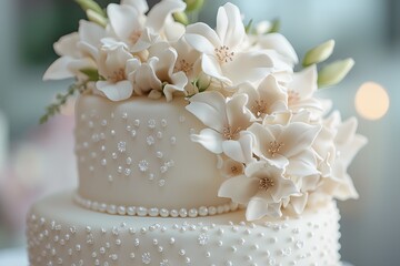 White tiered wedding cake with flowers wrapped around it.