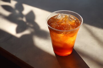 Refreshing Iced Beverage in Clear Cup with Natural Light Shadows