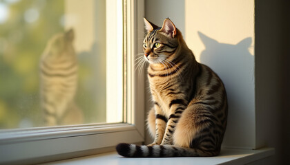 Cozy Tabby Cat Sitting on Windowsill in Natural Light