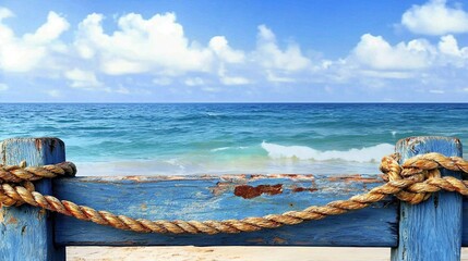 Obraz premium Coastal scene framed by weathered blue planks and rope.