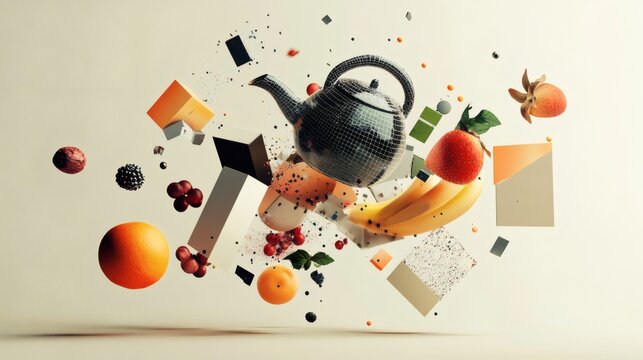 Floating fruits and geometric shapes with a teapot for kitchen and healthy food concept art - Powered by Adobe