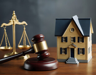 Judge auction and real estate concept. Law hammer and house model. Real estate law. Taxes and profits invested in real estate and home purchase and sale, justice for real estate
