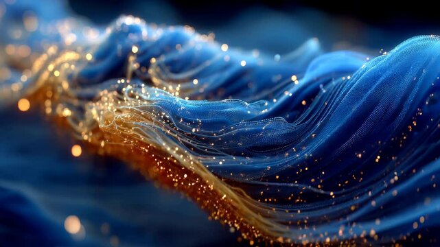 Flowing Blue Energy Ribbon with Sparkling Gold Particles.Glowing Quantum Mesh Wave &ndash; Dynamic Blue Ribbon and Gold Particle Burst.Immersive Sci‑Fi Energy Cloth &ndash; Blue Fluid Ribbon with Golden Sparks.