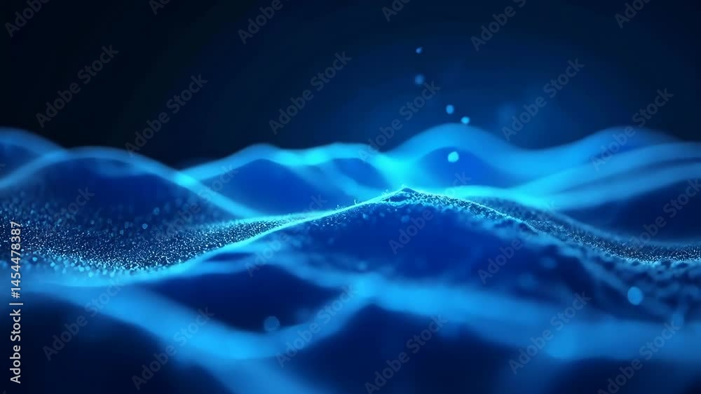 Poster mystical blue waves of shimmering particles flow seamlessly in a captivating digital landscape.