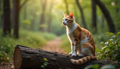Peaceful Cat Sitting on a Log in a Serene Forest