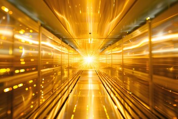 黄金色の光輝くメタリックトンネルの抽象的な空間デザイン 未来的な光の線と幾何学的な形状の通路